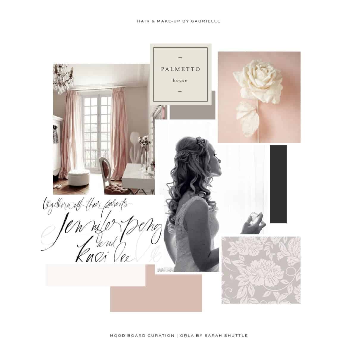 Moodboard of cream and dusky rose for Hair by Gabrielle, designed by Sarah Shuttle