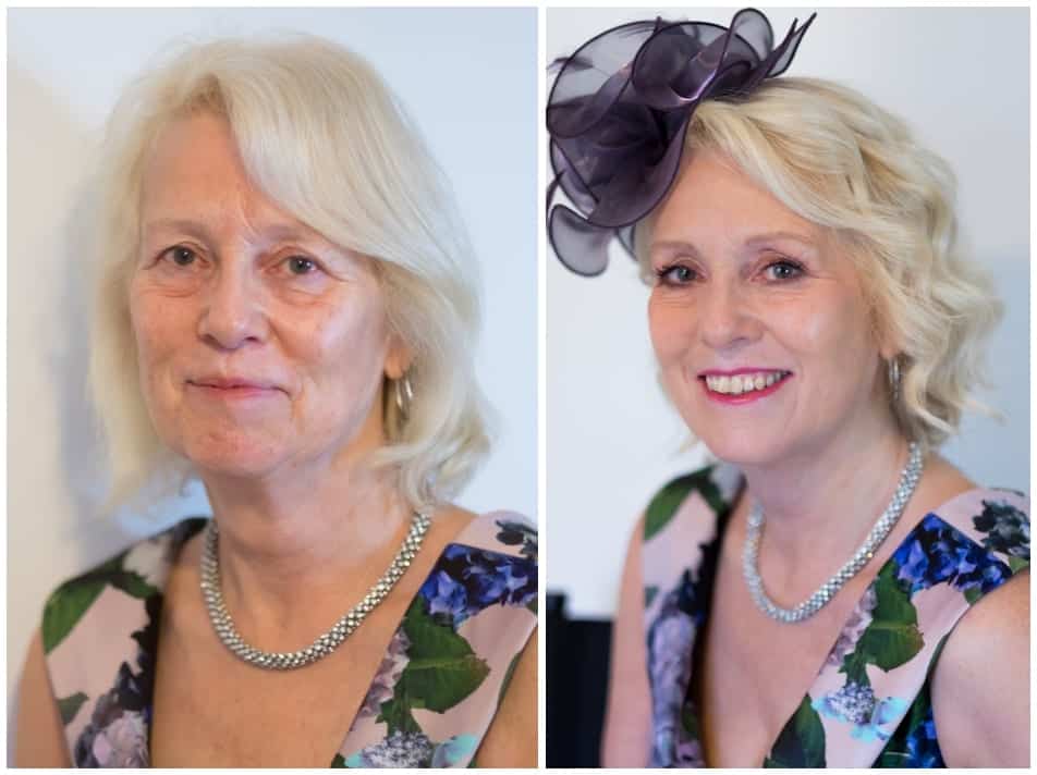 Before and after makeover experience shots of older lady in fascinator