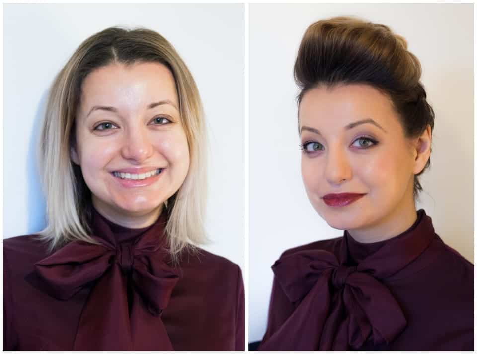 Before and after makeover shots of woman with edgy updo and dark red lipstick
