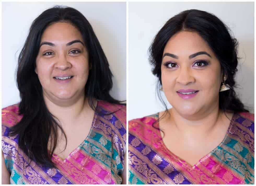 Before and after makeover shots of Indian woman in sari