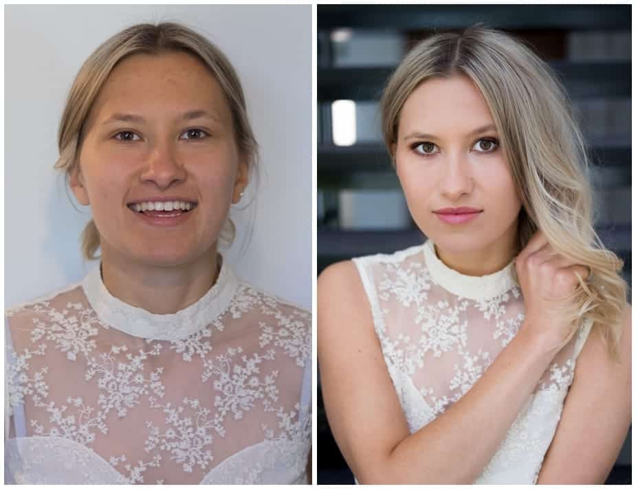Before and after makeover shots of blonde woman in white lace top