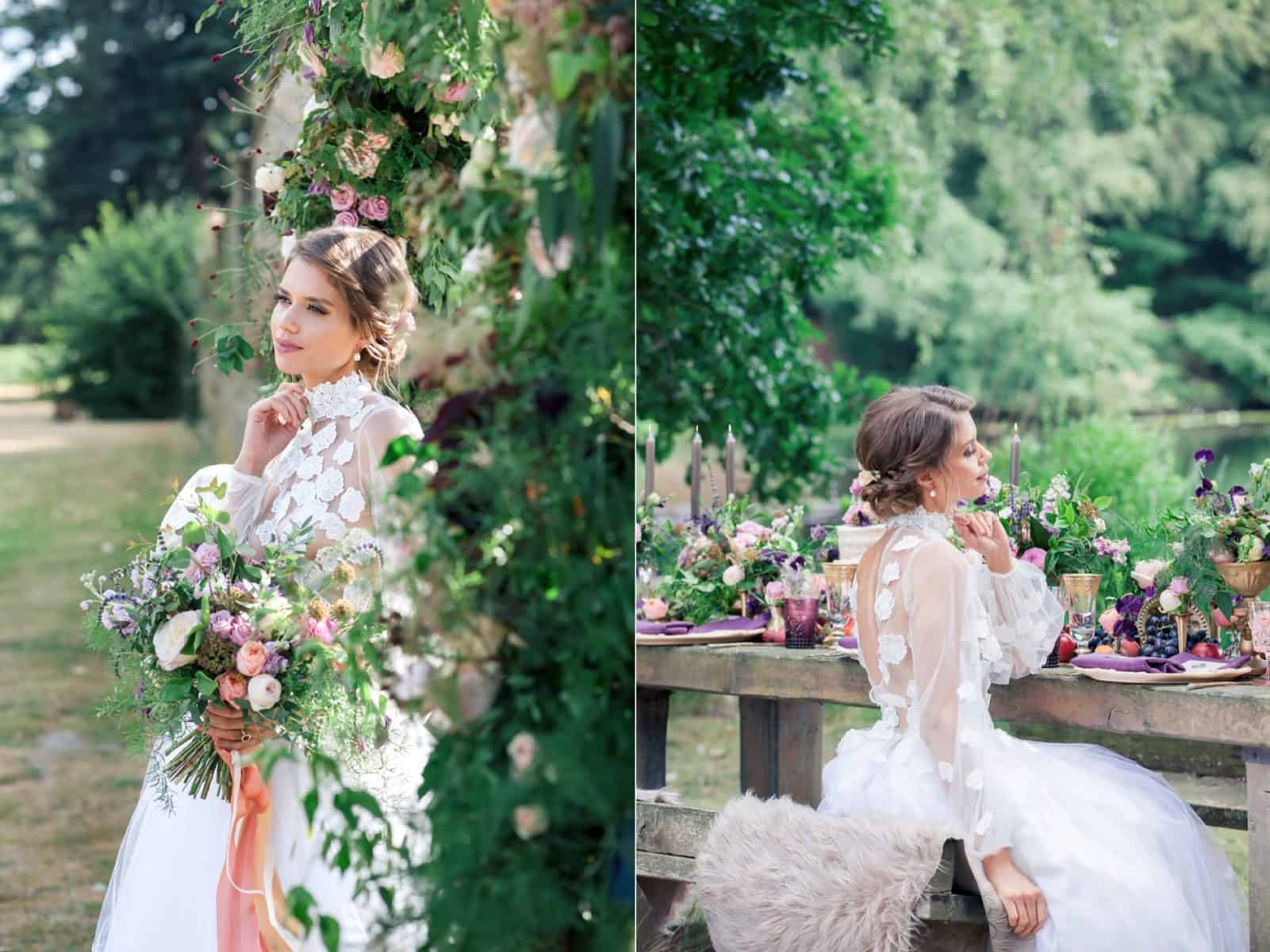 Bridal model wears Kate Edmondson Bridal bespoke dress and carries flowers by Ivy Amelia Florals