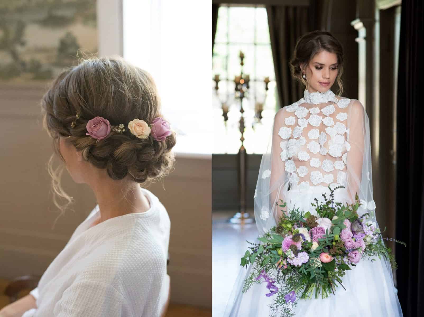 Close up of plaited hairstyle for romantic styled shoot