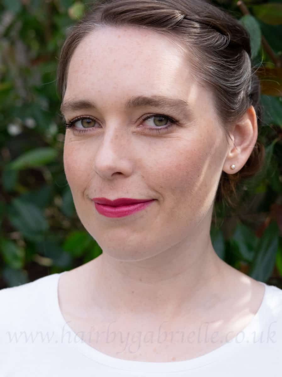 Natural look, dramatic lipstick. Hair and makeup by Gabrielle